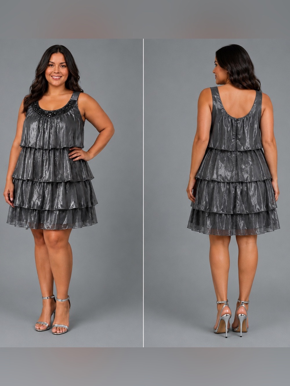 Dress Barn Silver-Charcoal Tiered Ruffle Mini Dress with Beaded Neckline